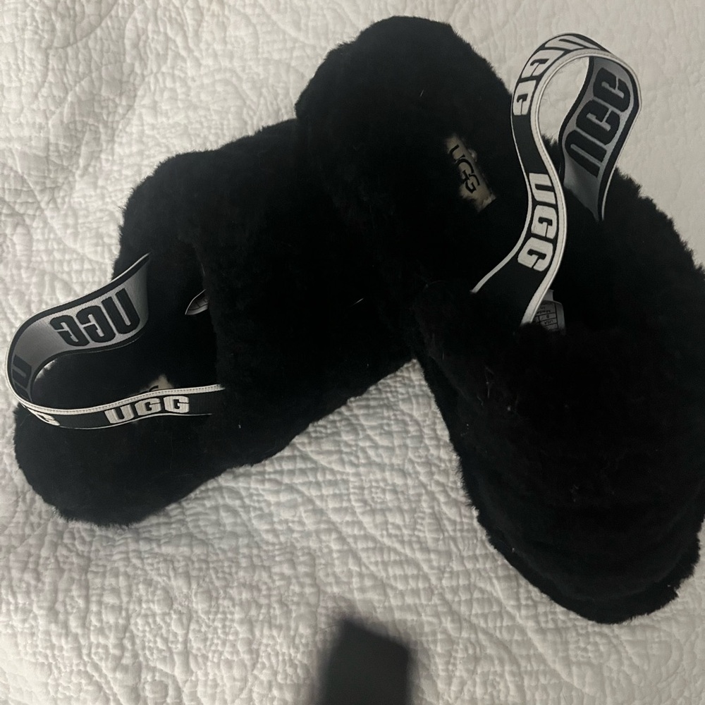 UGG Black Fluffy Slippers